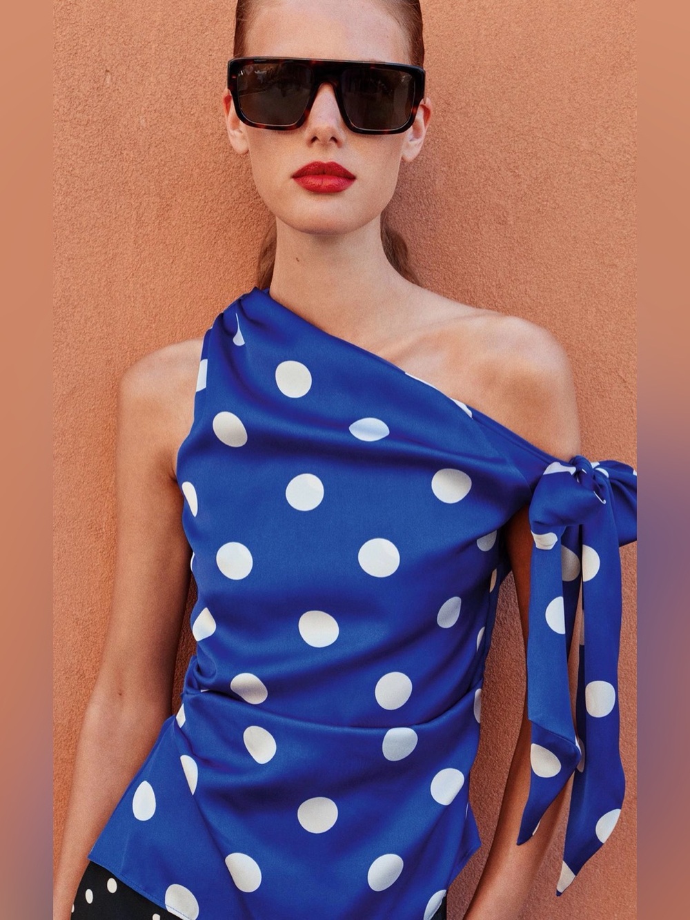 Zara Royal Blue One-Shoulder Polka Dot Top